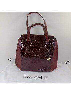 Brahmin Burgundy Red Ostrich Embossed Leather Tote Handbag Dustbag Arden?